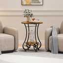 Side Table, Small Round End Table with Lower Shelf for Small Spaces, Portable Couch Sofa Coffee Table, Bedside Nightstand Table with Metal Frame, Retro Accent Drink Table for Living Room Bedroom Balcony (17.72" L x 17.72" W x 24.22" H, Brown)