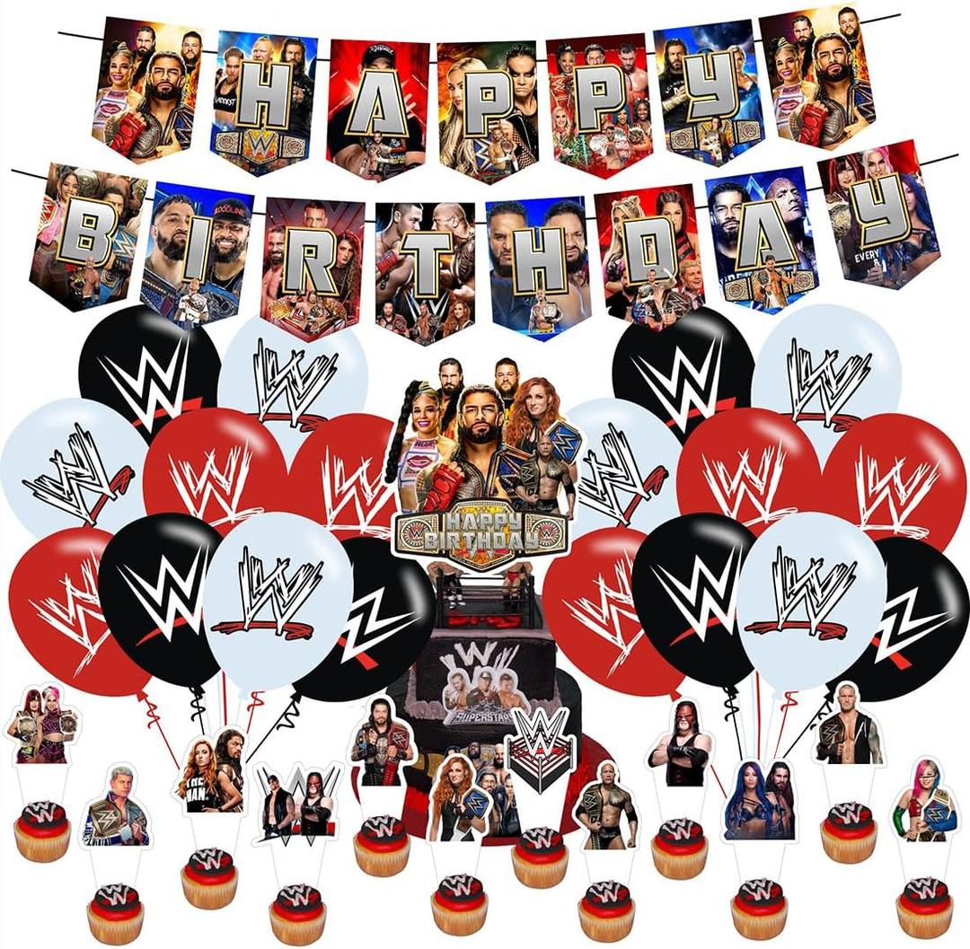 Wresting Birthday Decorations Include Happy Birthday Banner, Cake Topper and Cupcake Toppers, Balloons for Kids Party Supplies