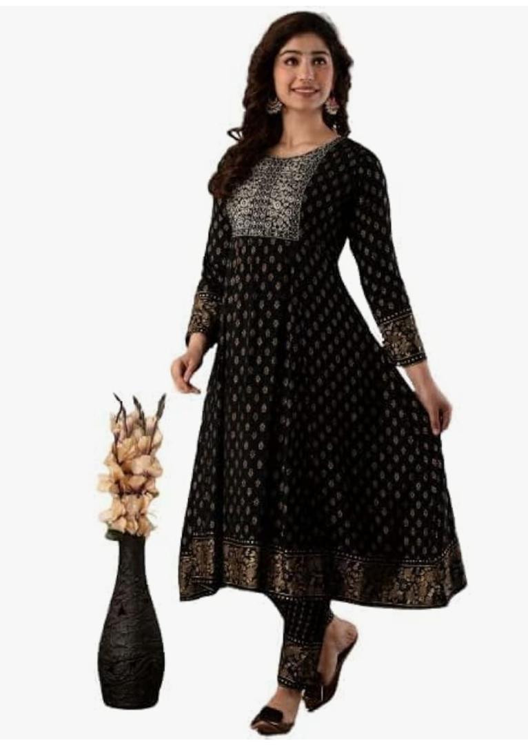 Women's Embroidered Anarkali Kurti Pants Set with Cotton Dupatta Flared Long Ethnic Dress for Partywear, M