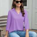 YUCOLEN 3/4 Sleeve Tunic Tops for Women V Neck Collared Shirts Chiffon Work Blouses Dressy Casual S-XXL (Purple, L)