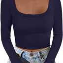 ANRABESS Women's Long Sleeve Square Neck Crop Top Ribbed Slim Fitted Basic Tee Layer Y2K Shirts Fall Fashion Outfits 2025 XL Navy Blue