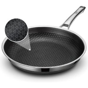 Frying Pan, 12 Inch Hybrid Non Stick Stainless Steel Skillets, Dishwasher Induction Oven Broiler Safe, Non Toxic Chef's Pan, PFOA Free Cookware