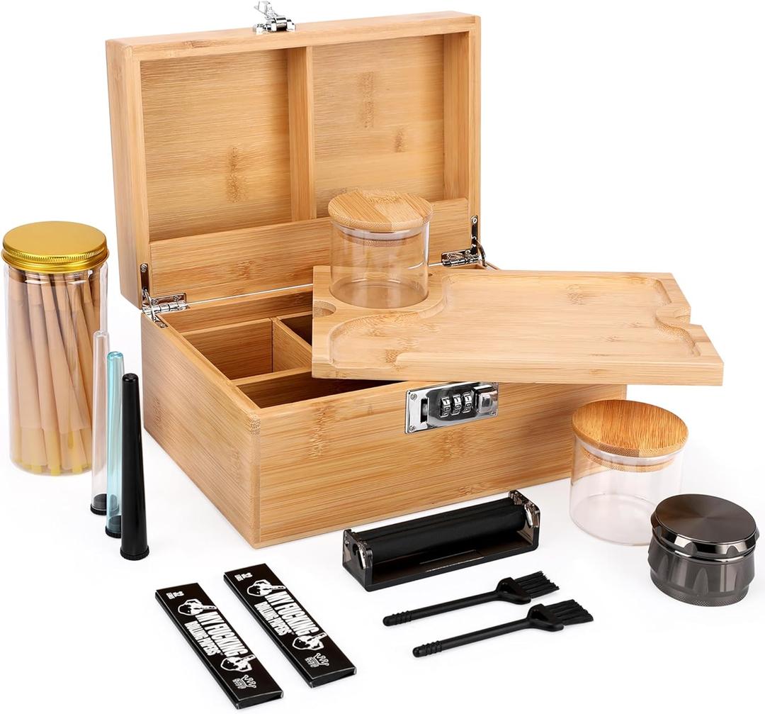 Large Bamboo Storage Box with Removable Tray Kit - Decorative Box Set, Glass Jars, and Accessories Wooden Storage Kit and Accessories Tool.Birthday Gifts.