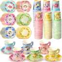Nuogo 300Pcs Floral Paper Tea Cups and Saucers 7 OZ Disposable Tea Cup with Handle and Plates for Garden Party Supplies Wedding Birthday Baby Shower Bridal Mother's Day, Serve 150 Guest(Fresh Color)