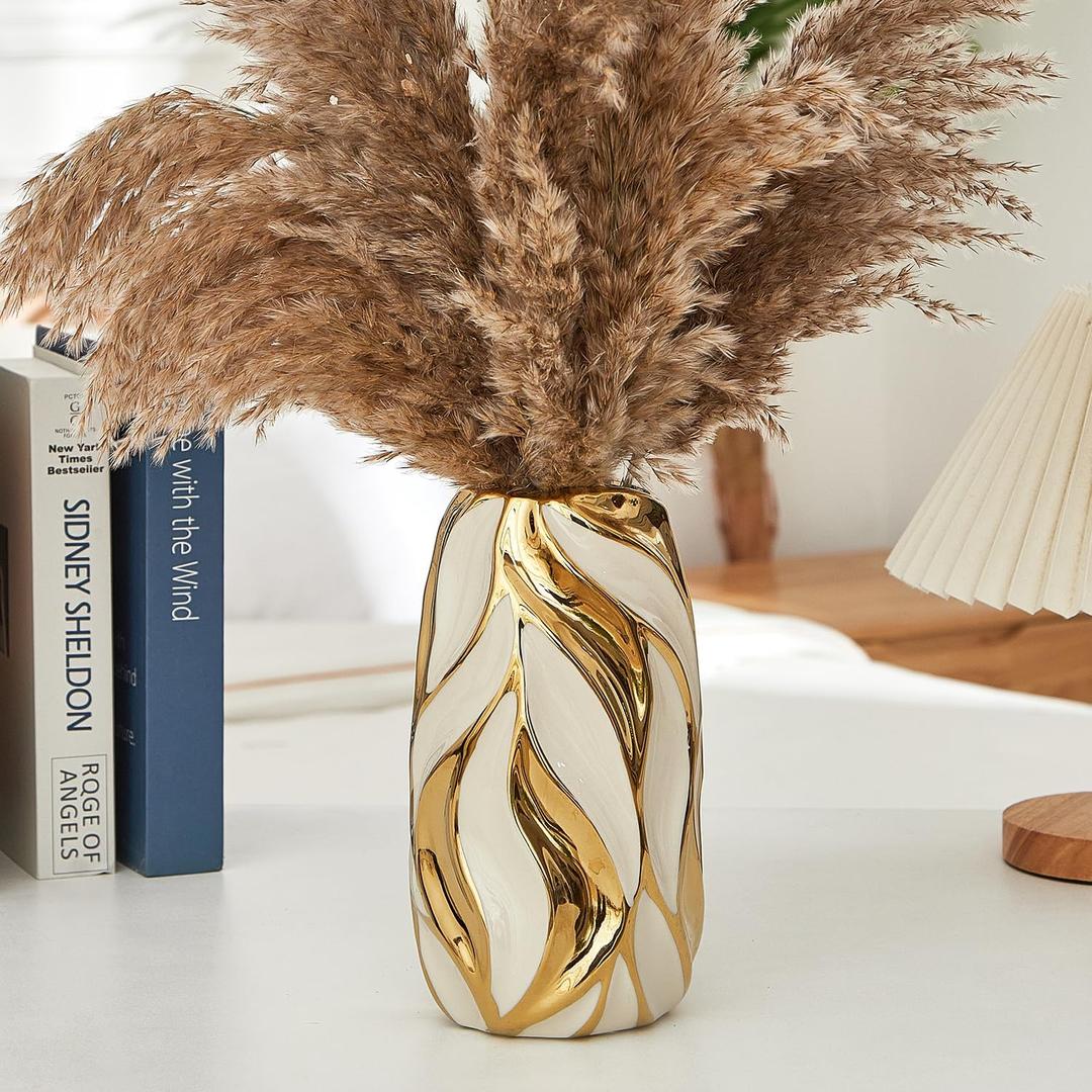 Cream White Ceramic Vase for Flowers, Gold Flower Vase Modern Home Decor, Small Ceramic Vase for Pampas Grass Decorative Vase, for Farmhouse Coffee Table Bookshelf (Large)