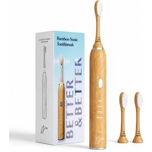 Better & Better Sonic Bamboo Electric Toothbrush for Adults | Rechargeable w/Plant-Based Bristles | Soft Brush Heads Included | 4 Cleaning Modes & Long-Lasting Battery | No Microplastics