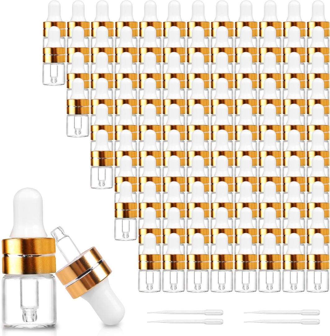 Comrzor 100 Pack 1ml Clear Glass Dropper Bottles with 4 Pcs Plastic Droppers, Mini Sample Dropper Bottles for Essential Oils Perfume Cosmetic Liquid, Empty Travel Sample Vials with Gold Cap