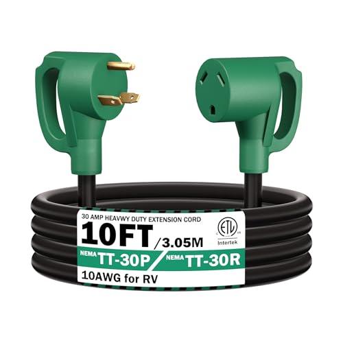 STRIGHT 10FT RV Extension Cord 30 Amp, RV Power Extension Cord NEMA TT-30P Male to TT-30R Female Heavy Duty 10 Gauge STW 3-Wire for RV Trailer Campers 125V, 3750W, ETL Listed (10FT 30AMP), Green Plug
