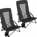 SONGMICS Set of 2 Portable Beach Chairs for Adults, Max. Load 330 lb Each, High Backrest, Cup Holder, Lightweight, Heavy-Duty, Black UGCB067B01V1