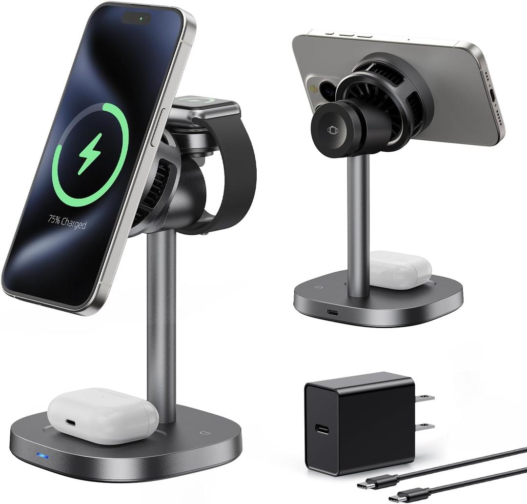 Havit Qi2 3 in 1 Wireless Charging Station, 15W Magnetic Charger with Cooling Fan for iPhone 17/16/15/14/13/12, Apple Watch & AirPods, Adjustable Stand, 45W Adapter Included