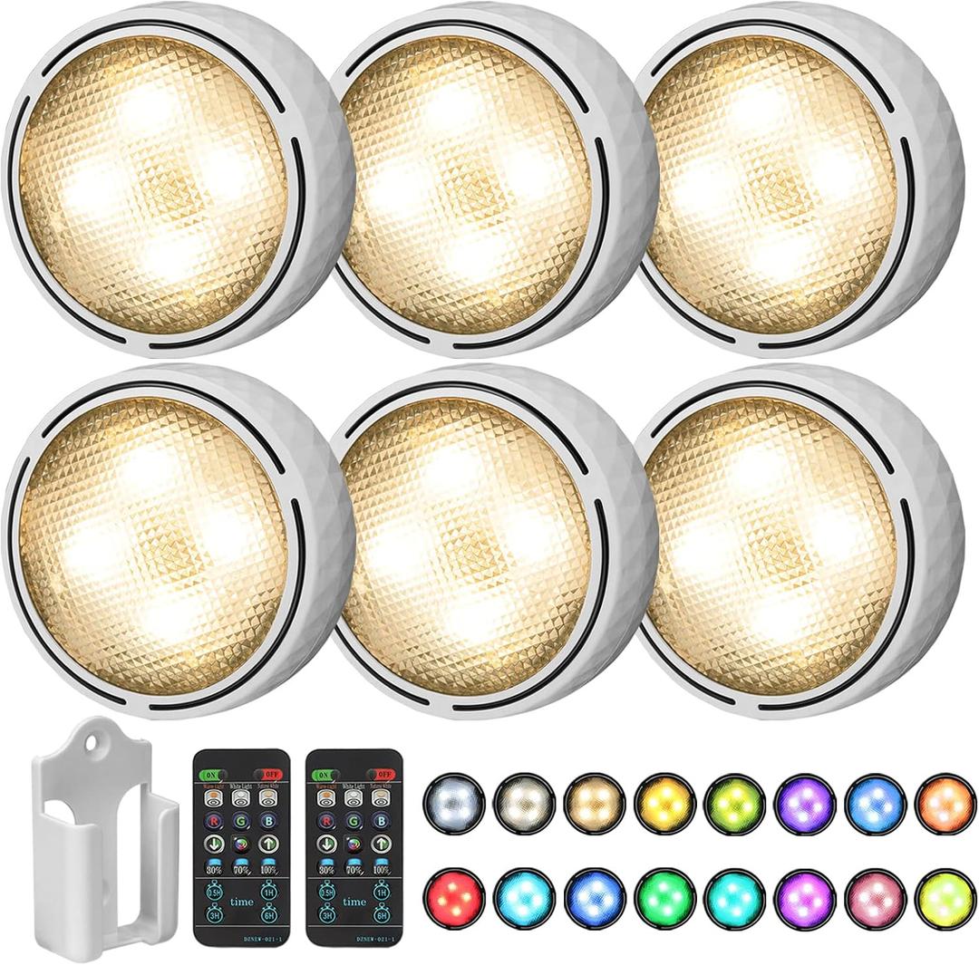 Onumii LED Puck Lights Battery Operated LED Under Cabinet Lighting Wireless Stick on Tap Lights with Remote Controll Color Changing Timer Function for Cabinets, Shelves, Closets - 6Pack White