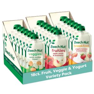 Beech-Nut Baby & Toddler Food Favorite Flavors Pouches Variety Pack, Fruit Veggie and Whole Milk Yogurt Purees, Baby Pouch Puree Starter Pack, 3.5oz (18 Pack) (EXP 12/01/26)