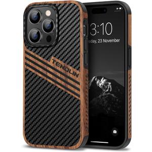 TENDLIN Compatible with iPhone 14 Pro Case Wood Grain with Carbon Fiber Texture Design Leather Hybrid Slim Case (Three Stripe)