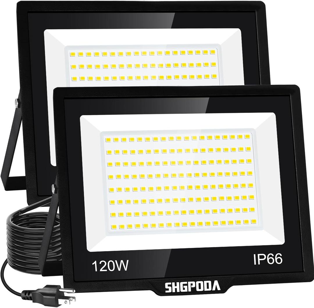 2 Pack 120W LED Flood Light Outdoor, 14400LM Floodlights with Plug, IP66 Waterproof Outdoor Led Lights, 5000K White LED Work Light Security Lights for Yard, Garden, Stadium, Playground, Lawn