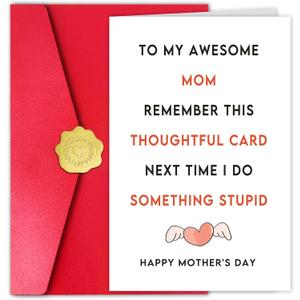 2 x Funny Mother's Day Card, Remember This Thoughtful Card Next Time I Do Something Stupid, Sarcastic Greeting for Awesome Mom