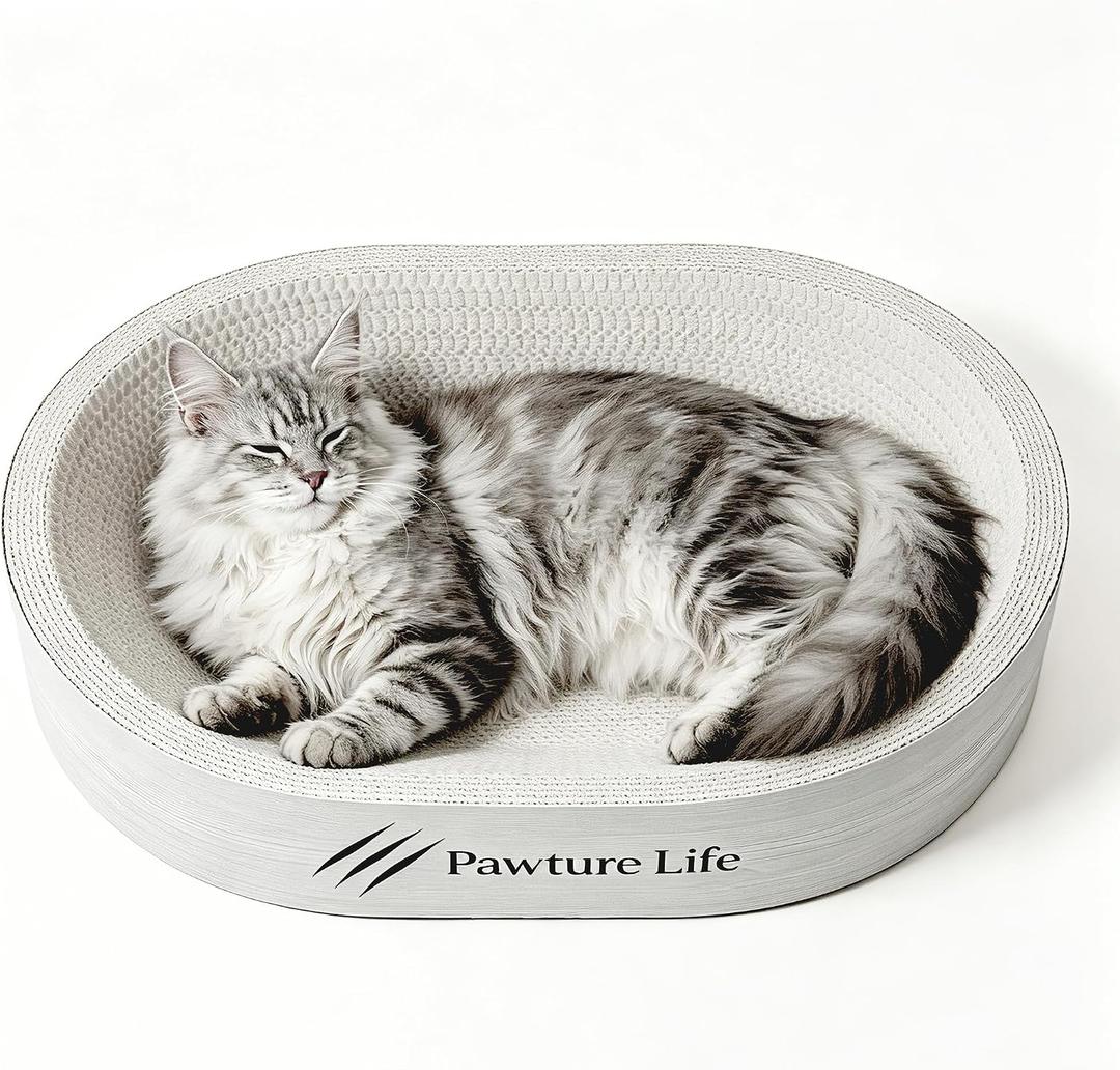 Extra Large Cardboard Cat Scratching Bed, White 21.7" x 15.0" Oval, No Assembly, Durable Scratch Lounge, For Indoor Cats, Maine Coon & Large Breeds