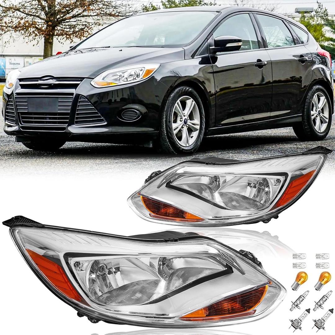 Headlights Assembly Pair with Bulbs for 2012 2013 2014 Ford Focus Halogen Headlamps Head Lights Replacement Left Driver and Right Passenger Side,Chrome Housing Amber Reflector