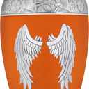 Cremation Urns for Human Ashes Adult Female or Man, Funeral Urn for Ashes for Woman & Male, Burial or Decorative Urns, Hand Engraved Angel Wings Urn, Silver Wing, Red & Orange - Large Size