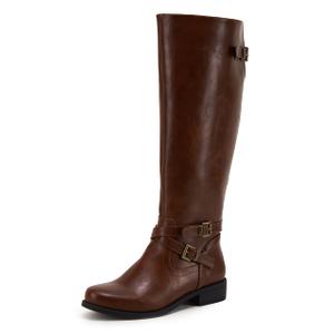 Ermonn Womens Knee High Boots Wide Calf Flat Low Heel Side Zipper Faux Leather Fashion Winter Riding Boot 9