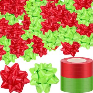 Riceshoot 48 Pcs Christmas Self Adhesive Gift Bows with 8 Rolls Curling Ribbons 3 inch Holiday Metallic Christmas Wrap Bows for Xmas Gift Craft Decoration (Red, Green)