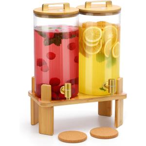 1.5 Gallon Glass Drink Dispensers for Parties, 2 PCS Beverage Dispenser With Wood Stand,Vertical Stripes Glass Lemonade Dispenser with Airtight Valve and Stainless Steel Spigot for Lemonade,Juice, Tea