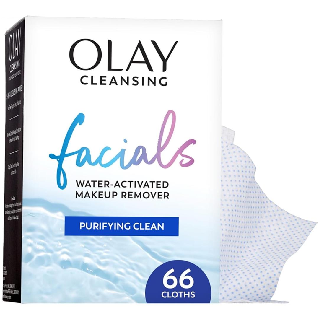 Olay Makeup Remover Wipes, Daily Facials Deep Clean Face Cleanser for Normal to Oily Skin, Alcohol & Fragrance Free, Soft Face Wash Towels, Travel Essentials for Women, Convenient Dry Cloths, 66 ct