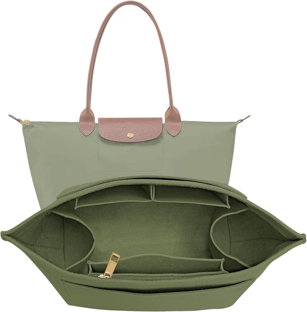 Purse Organizer Insert for Longchamp Le Pliage M Handbag Insert Felt Long Champ Tote Bag Organizer Insert with Cup (Green, Medium)
