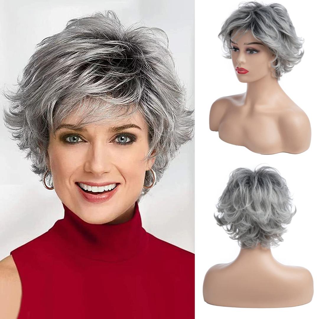 Short Grey Curly Layered Wig for Women Ombre Silver Grey Short Fluffy Synthetic Hair Wigs With Bangs