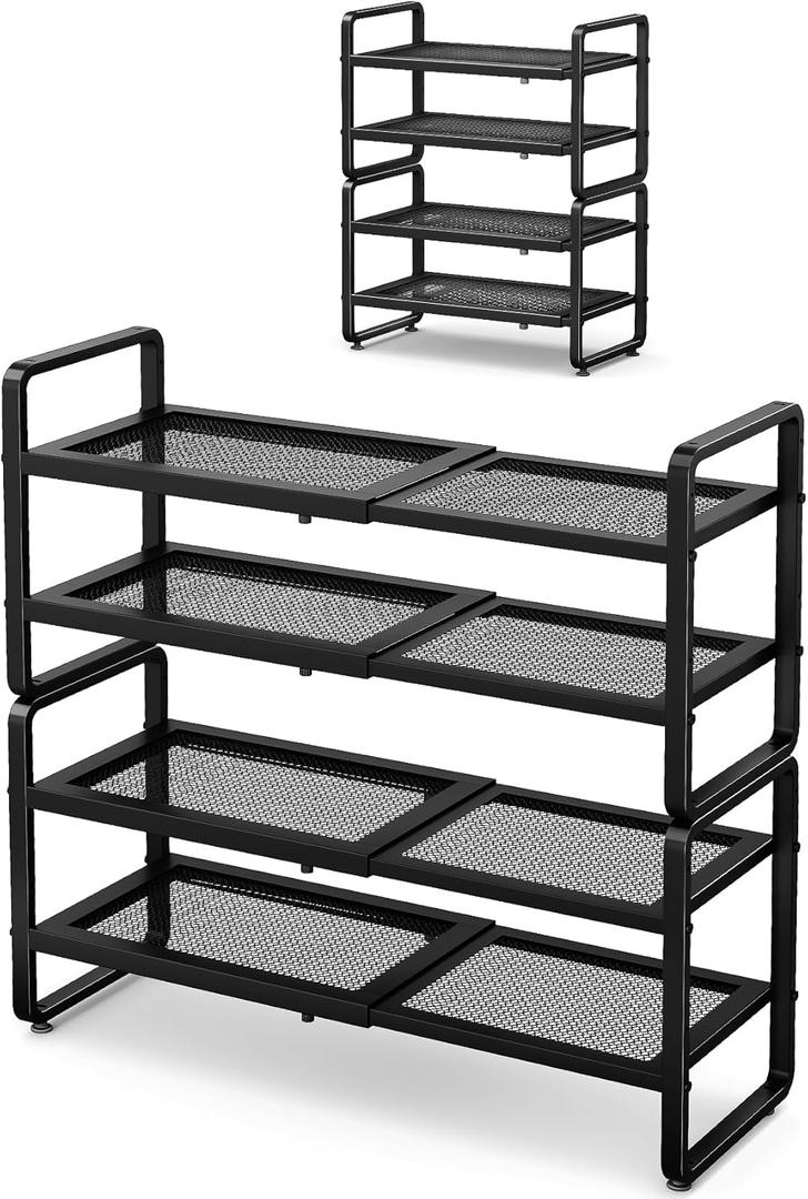 SNTD Shoe Rack  Expandable Shoe Organizer for Closet, Adjustable Metal Shoe Shelf Storage, Stackable Long Shoe Stand Holder for Garage, Entryway, Door Entrance (Black, 4Tier)
