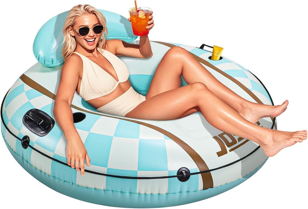 JOSEN River Floats for Adults Heavy Duty 350lb, XL River Tubes for Floating - 53" Large Pool Floats Adult with 2 Cup Holders, Inflatable Floating Tube, River Run Tube Lake Water Tubes (Mint Green)
