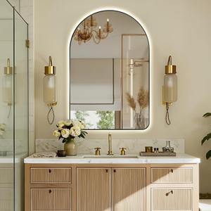 Niccy Arched LED Lighted Bathroom Mirror, 36x24 Inch Backlit Vanity Mirror with Lights Brushed Black Framed Wall Mounted Mirrors with Dimmable 3 Color Shatterproof Arch Smart Fog Free Mirror