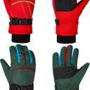 Hicarer 2 Pairs Kids Waterproof Winter Gloves Snow Gloves for Boys Girls Child Toddler Warm Ski Gloves for Cold Weather (8 - 14 Years, Red and Dark Green)