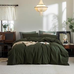 FOSSA Duvet Cover Set 100% Washed Cotton Linen Feel Super Soft Breathable Cozy 3 Pieces Bedding Sets Solid Olive Green Oversized Queen