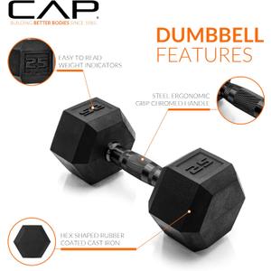 CAP Rubber Coated Dumbbell Weights, Free Weights for Home Gym Strength Training, Anti-Roll Hex Dumbbells with Black, Chrome & Comfort Grip Handles, 25 lb