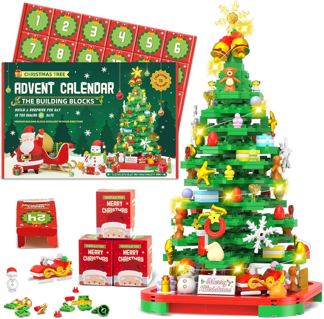 Advent Calendar 2025 Building Blocks Kit - Christmas Tree, 24 Days Countdown Toys Building Set with Light, Christmas Tree Building Toys XMAS Gifts for Kids Adults