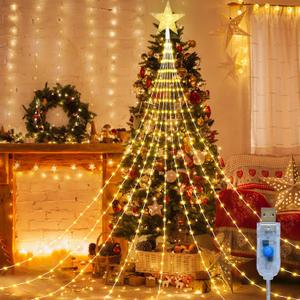 Christmas Decorations Star String Lights, 288 LED Waterfall Christmas Tree Lights with 7" Star Topper, USB Powered 8 Modes Indoor Outdoor String Lights for Xmas New Year Home Holiday - Warm White