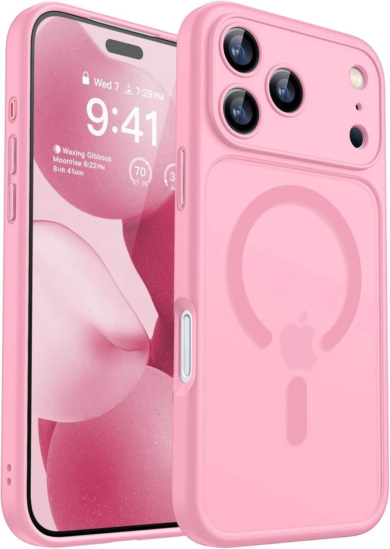 CANSHN Magnetic Compatible with iPhone 17 Pro Case, Upgraded [Full Camera Protection] [Compatible with Magsafe] [Translucent Matte] Shockproof Protective Phone Cover 6.3 Inch - Pink