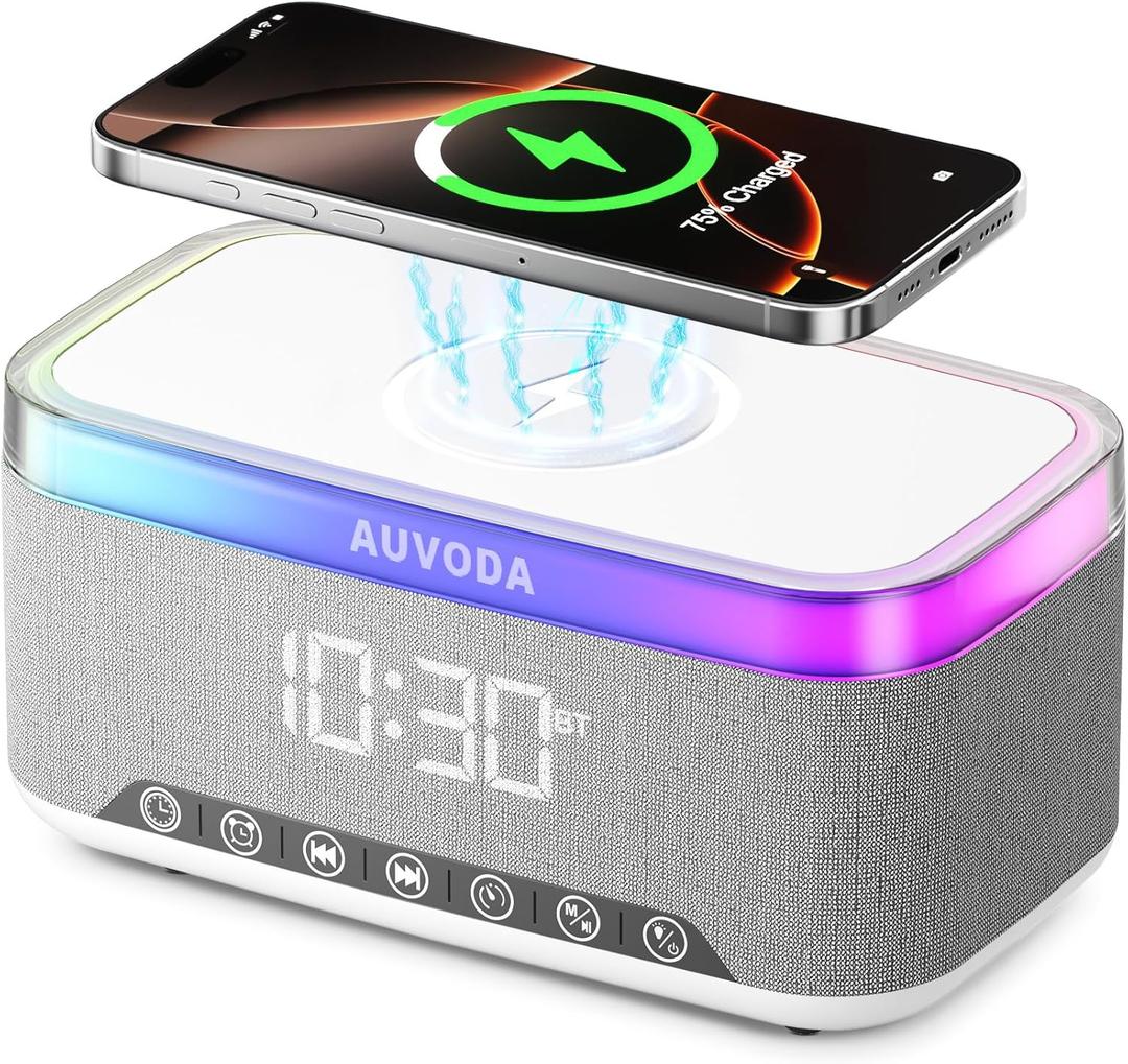S300 10W Stereo Portable Bluetooth Speaker with 15W Fast Wireless Charging, 13-Color Dimmable Night Light, White Noise, Alarm, FM Radio, BT5.3, TWS, for Home, Office, Bedroom (White)