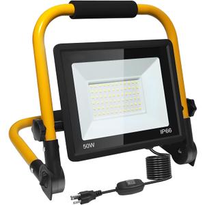 50W LED Flood Work Light 5500LM, 5000K Portable Construction Light with 16.5FT Cord & Switch, Adjustable Stand for Garage Workshop Job Site Repair, IP66 Waterproof