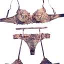 SOLY HUX Women's Floral Embroidered Push Up Lingerie Underwire Bra Panty with Garter Belt Nightwear