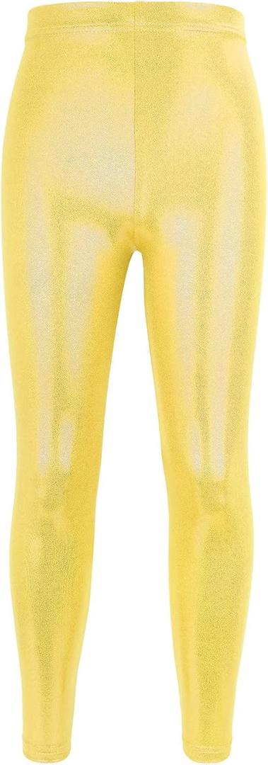 Girls Metallic Leggings Kids High Waist Yoga Dance Tights Stretch Skinny Fit Running Dance Footless Stockings Preppy Clothes (8-9 Years, Gold)