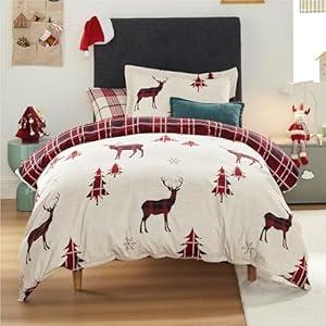 Bedsure Twin Size Christmas Duvet Cover Set - Festive Kids Bedding Set with a Reversible Buffalo Check Christmas Plaid Design, Includes 1 Duvet Cover and 1 Pillow Sham (Twin, Reindeer)