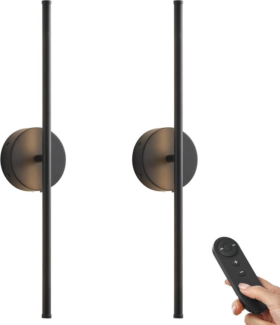 Battery Operated Wall Sconces, Dimmable Wall Sconces Set of Two, 350Rotate, 3000K LED Black Wireless Wall Light for Living Room, Bedroom,Hallway, 20.4 Inch (2 Pack)