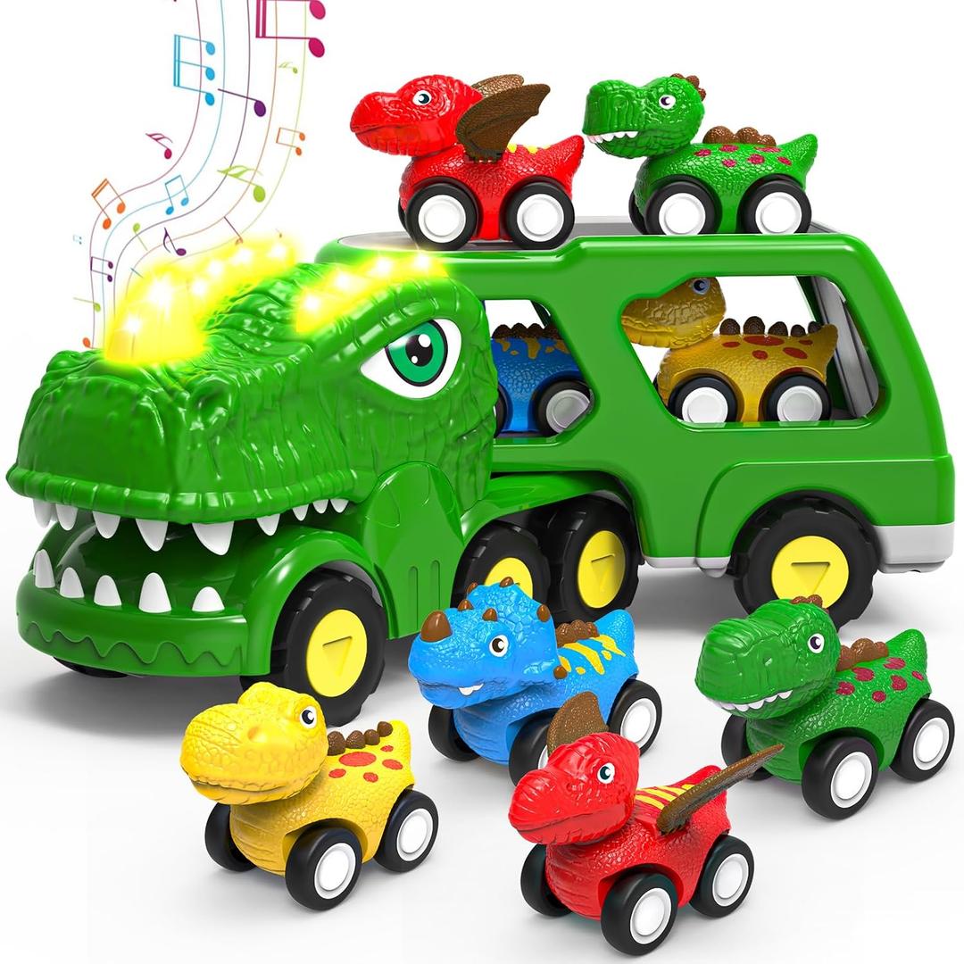 Toddler Car Toys for 1 2 3 4 5 Year Old Boy, 5-in-1 Dinosaur Vehicle Trucks Toys for Toddlers 1-3 with Sounds & Lights Toys for Boys 4-7 Toys for Age 2-4 Dinosaur Toys for Kids 3-5 (Green)