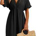 Dokotoo Swimsuit Coverup for Women Hollow Out V Neck Short Sleeve Bathing Suit Bikini Beach Cover Ups Mini Dress (X-Large, Black)