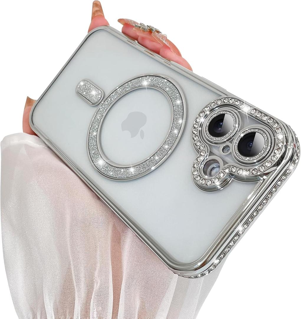 SAKUULO Magnetic Case for iPhone 17 6.3inch Clear Plating,Silver | Compatible with MagSafe,Glitter Sparkly Diamonds Rhinestone with Camera Protector Slim Shockproof Protective Women Girls