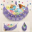 Stuffed Animal Hammock Corner - 56'' Jumbo Handcrafted 5mm Double Macrame Cord Stuffed Animal Storage Net - 100% Natural Cotton Toy Hammock Holder - Purple Stuffy Plushie Net w/LED Star Light (XX-Large Leaf Style)