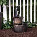 Alpine Corporation 27" Tall Rustic Outdoor 2-Tier Barrel Pump Water Fountain with Soothing Cascading Water Flow for Patio, Yard, Porch, or Landscape, Bronze
