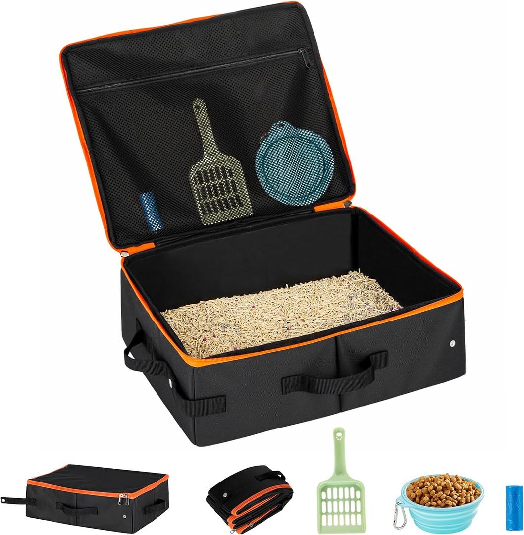 Cat Enclosed Travel Litter Box Kit with Lid Odorless Dustless, Lightweight Cat Portable Foldable Litter Box for Indoor and Car (Small)