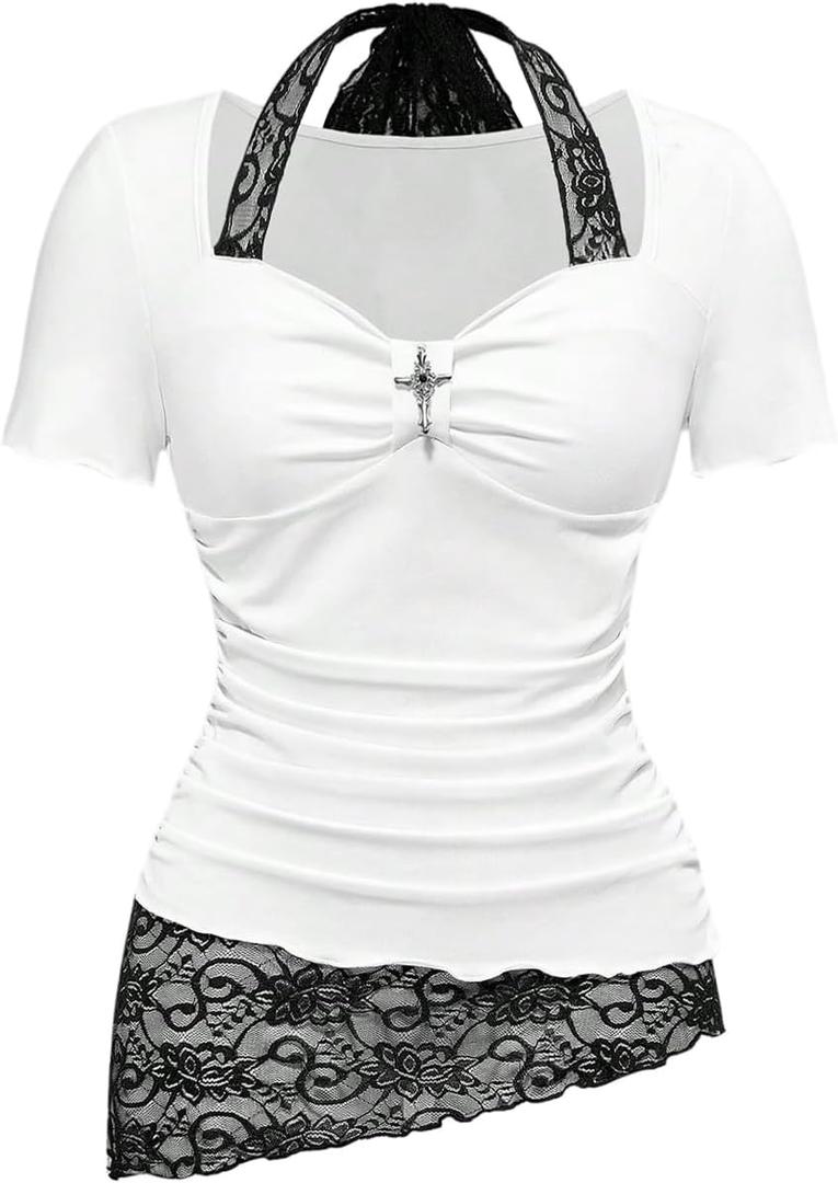 SOLY HUX Women's Y2k Grunge Goth T Shirts Short Sleeve Lace Halter Tee Tops Fairy Festival Rave Outfits (Medium, Black and White)